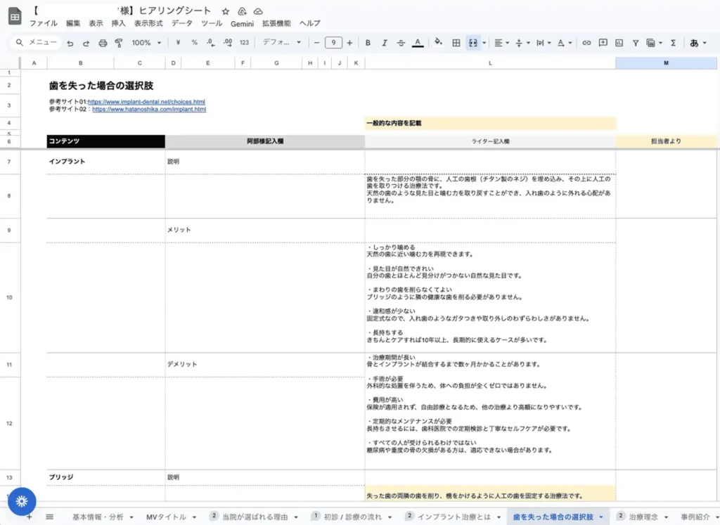 追加で作成したヒアリングシートの一部